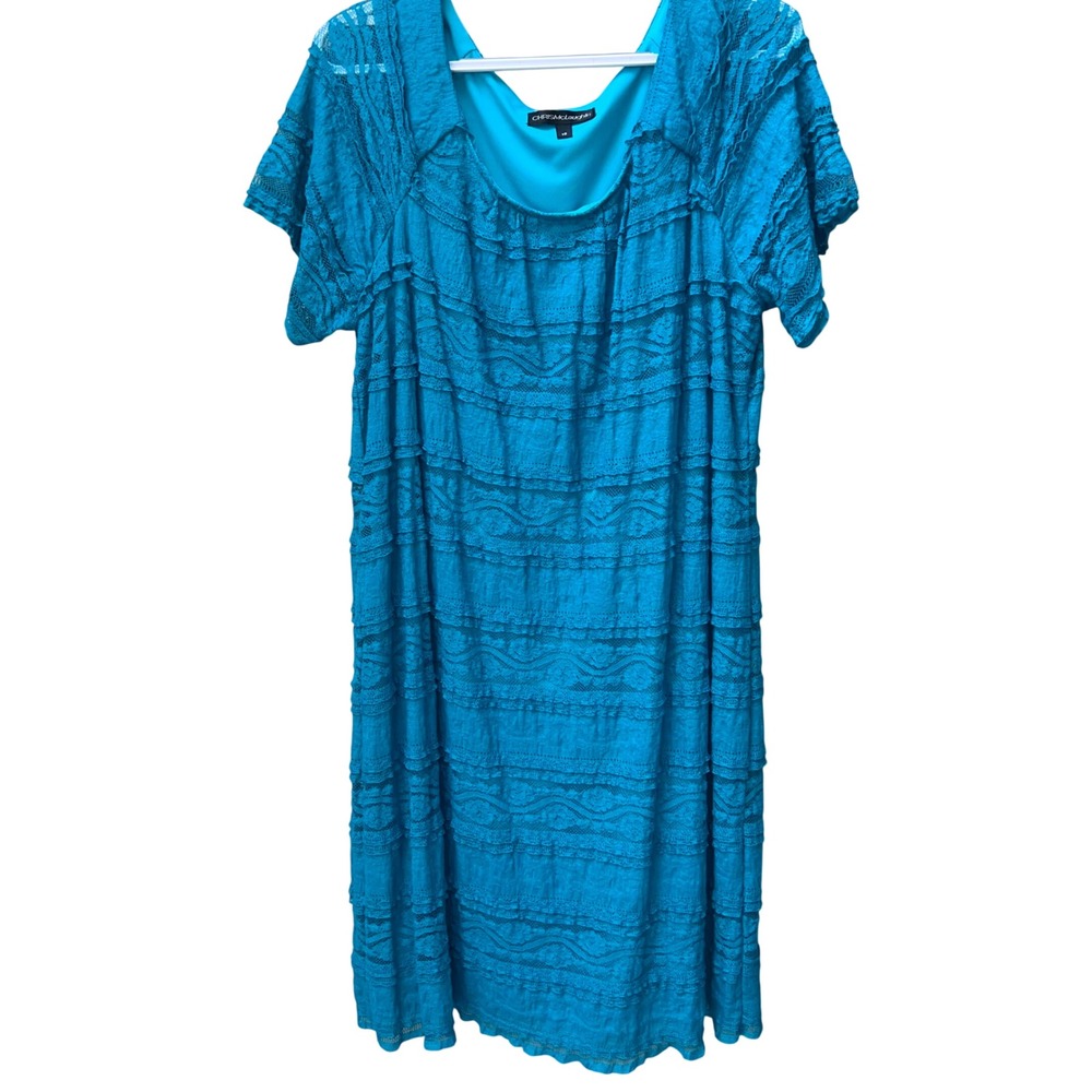 Chris McLaughlin Teal Blue Tiered Lace Sheath Dress Womens Size 18 Turquoise